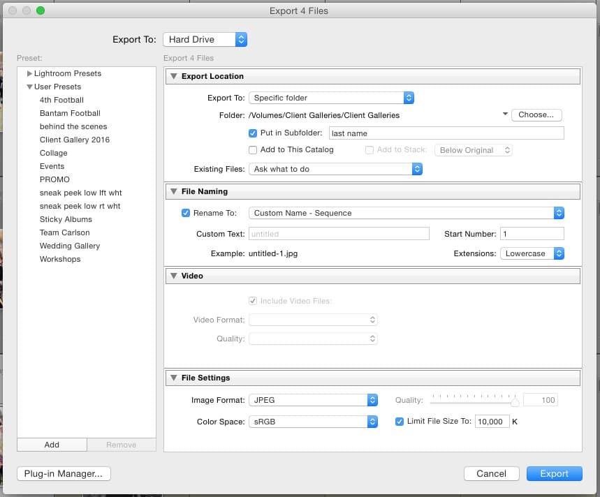 lightroom export settings for sRGB color profile