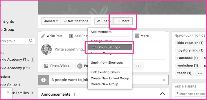 Facebook Group Settings Menu for Customizing